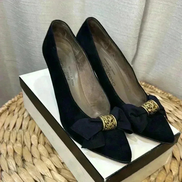Charles Jourdan Suede Vintage Black Heels Bow Size 8 - Picture 1 of 9